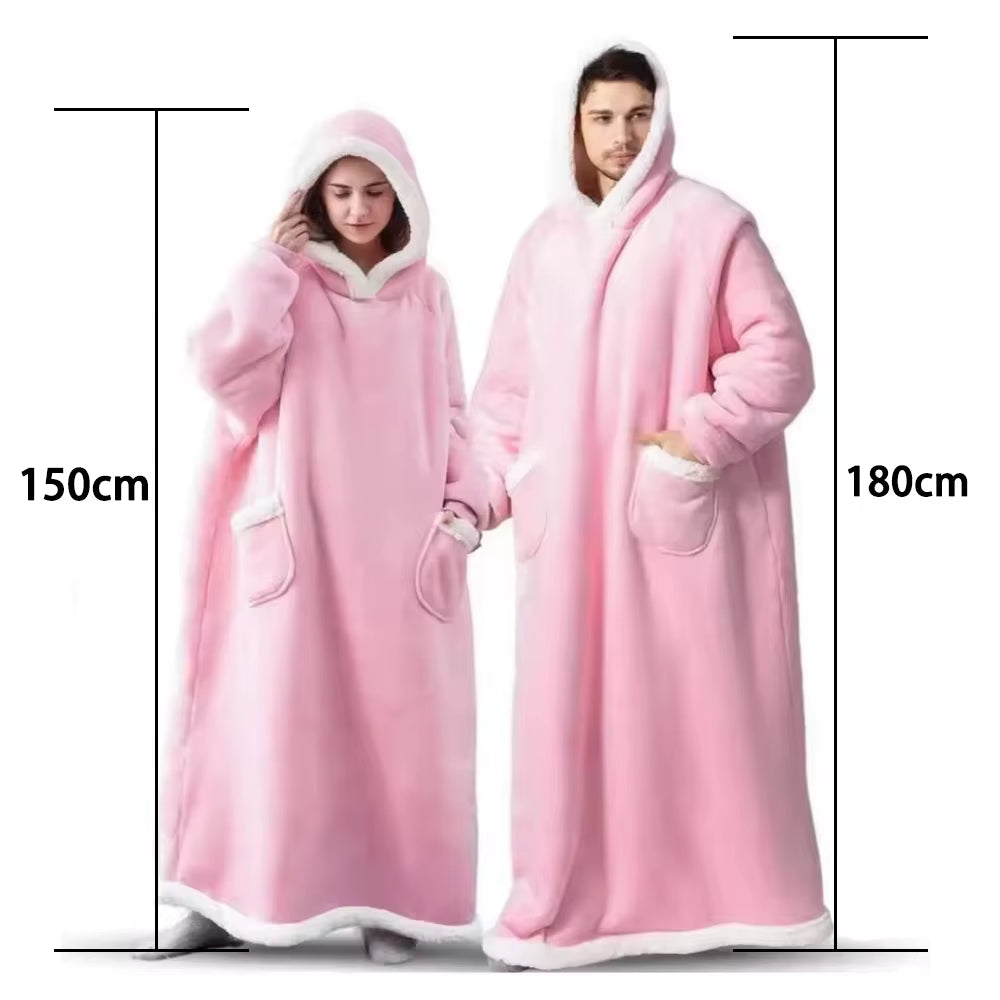 Lamb Fleece Pullover Loose Winter Pajamas Flannel Blanket Pants with Sleeves Hoodie Soft and Warm Home Wear