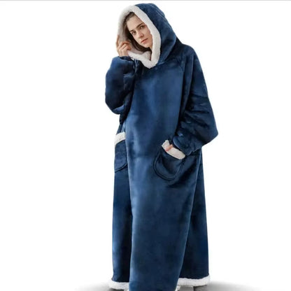 Lamb Fleece Pullover Loose Winter Pajamas Flannel Blanket Pants with Sleeves Hoodie Soft and Warm Home Wear